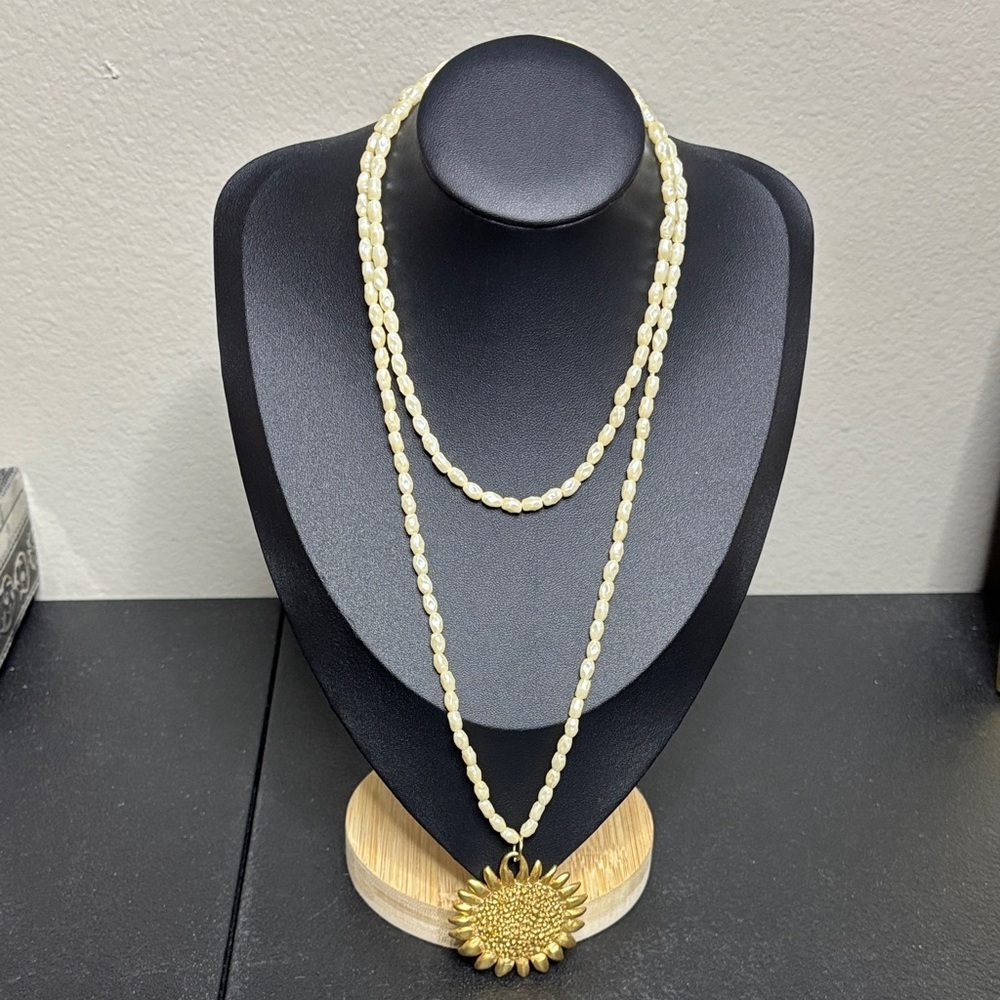 Rice Pearl Gold Tone Intricate Sunflower Pendant Long Necklace Boho Festival